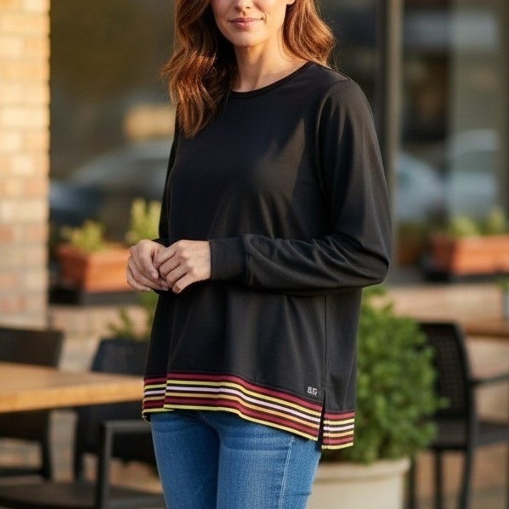C&C California Womens Black Split Back Striped Hem Long Sleeve Top Medium